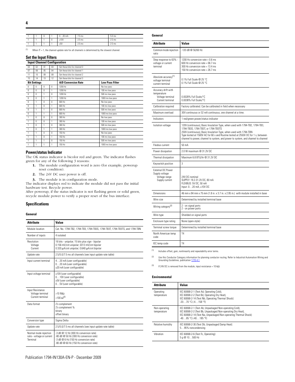 Specifications | Rockwell Automation 1794-IF4ICFXT FLEX I/O Isolated Input Analog Module User Manual | Page 4 / 6