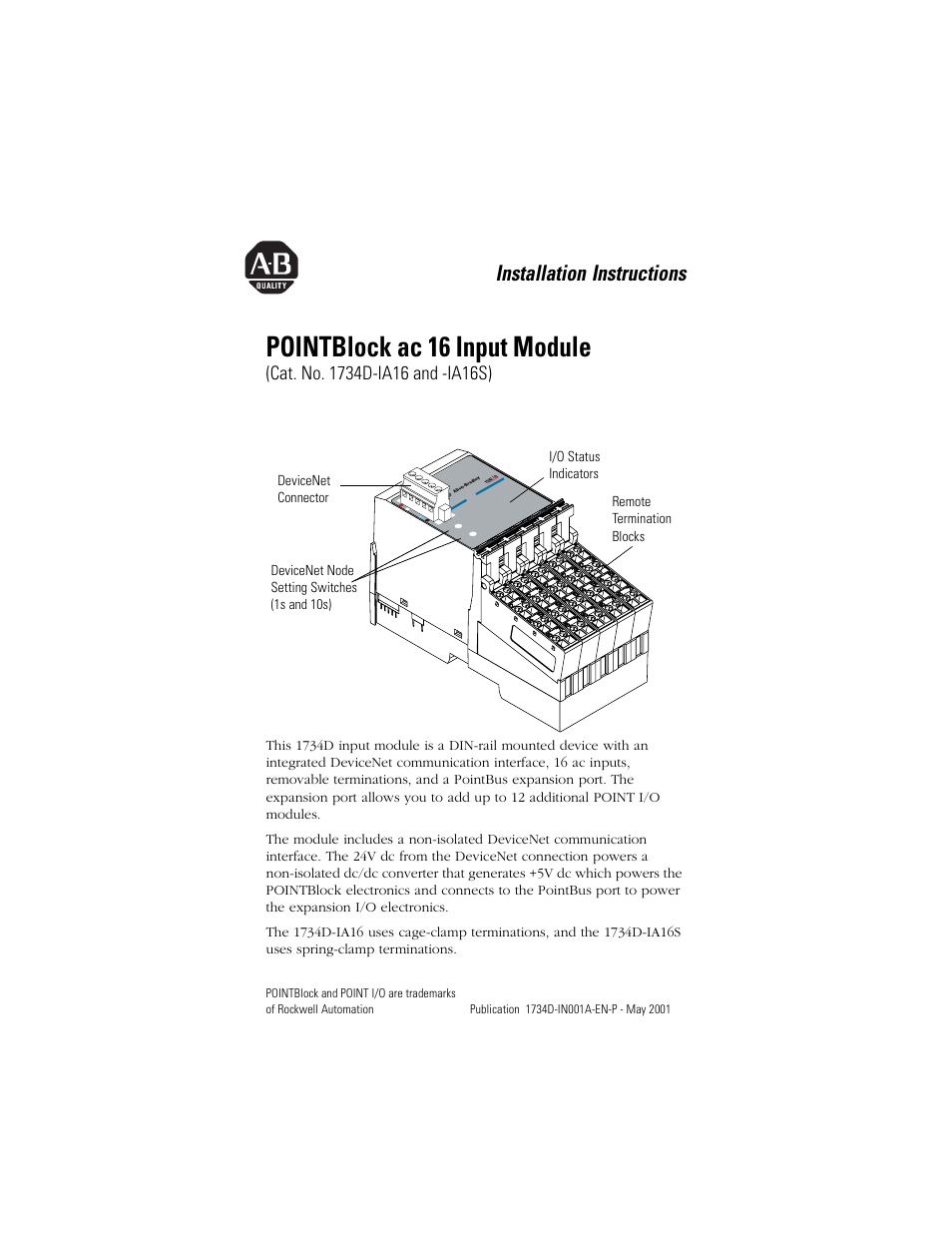 Rockwell Automation 1734D-IA16S PointBlock ac 16-Input Module Installation Notes User Manual | 12 pages