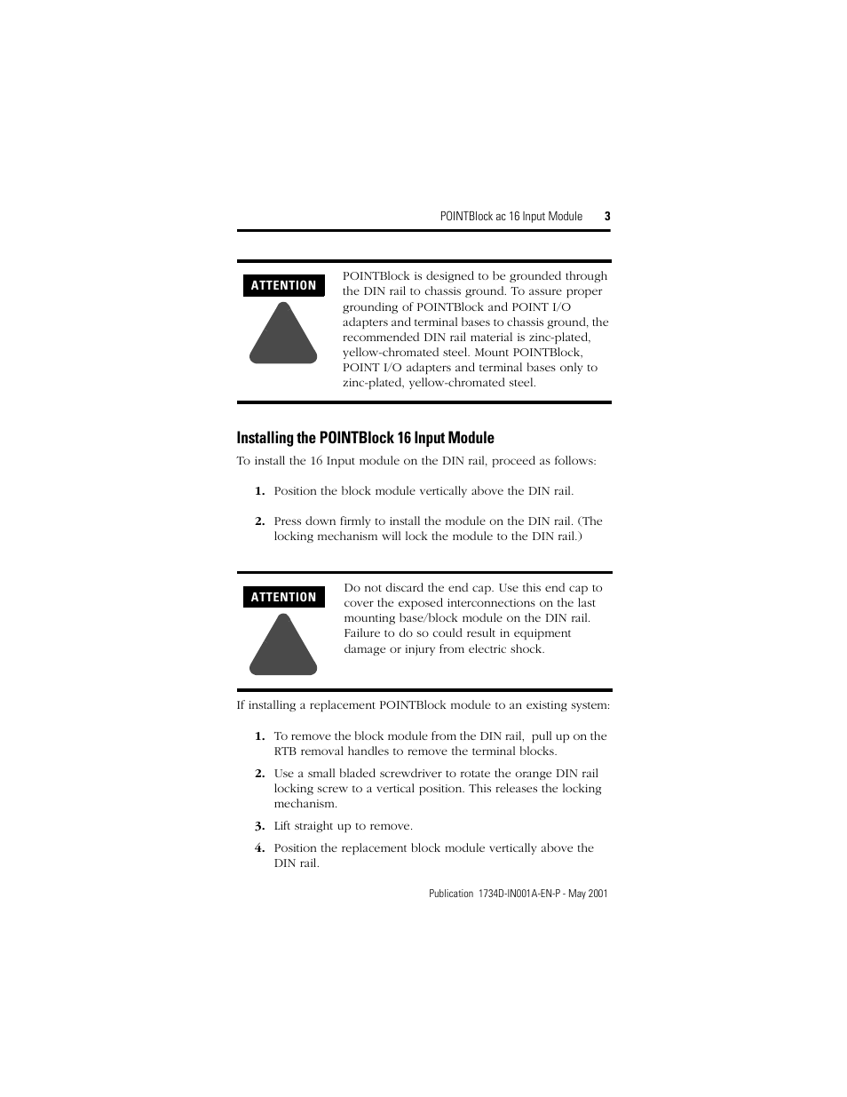 Installing the pointblock 16 input module | Rockwell Automation 1734D-IA16S PointBlock ac 16-Input Module Installation Notes User Manual | Page 3 / 12