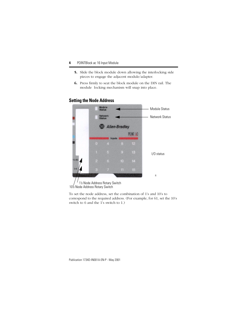 Setting the node address | Rockwell Automation 1734D-IA16S PointBlock ac 16-Input Module Installation Notes User Manual | Page 4 / 12