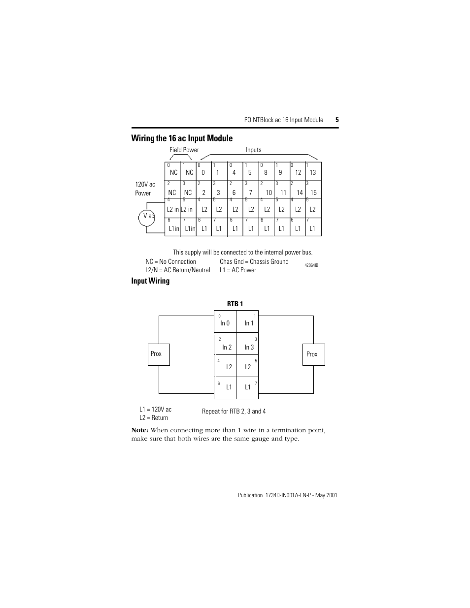 Wiring the 16 ac input module, Input wiring | Rockwell Automation 1734D-IA16S PointBlock ac 16-Input Module Installation Notes User Manual | Page 5 / 12