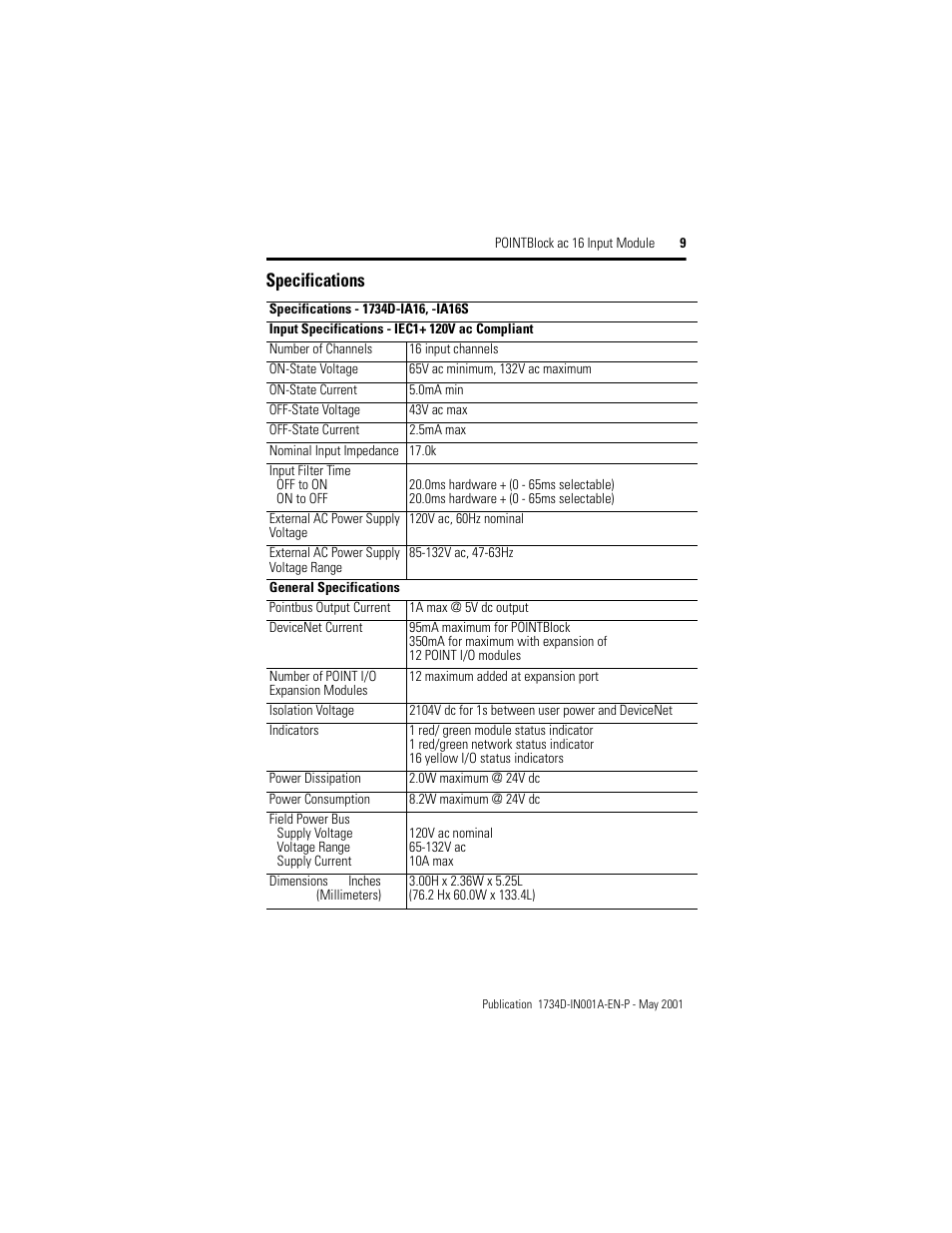 Specifications | Rockwell Automation 1734D-IA16S PointBlock ac 16-Input Module Installation Notes User Manual | Page 9 / 12