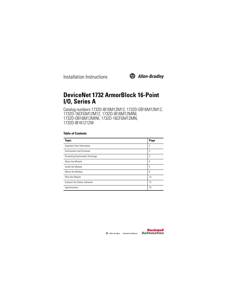 Rockwell Automation 1732D-XXXX DeviceNet ArmorBlock 16-Point I/O, Series A User Manual | 24 pages