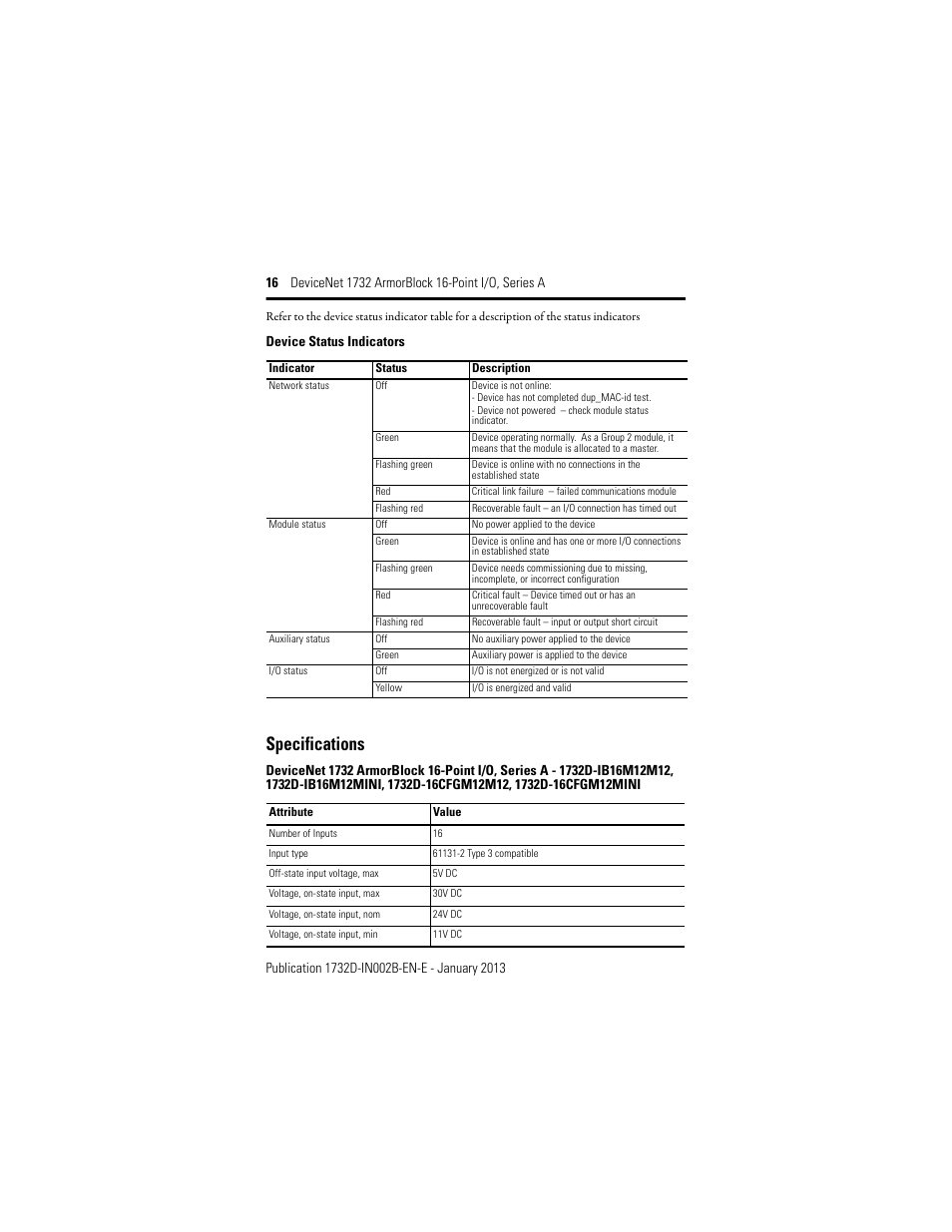 Specifications | Rockwell Automation 1732D-XXXX DeviceNet ArmorBlock 16-Point I/O, Series A User Manual | Page 16 / 24