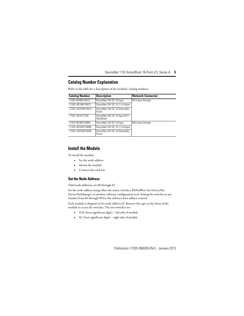 Catalog number explanation, Install the module, Set the node address | Rockwell Automation 1732D-XXXX DeviceNet ArmorBlock 16-Point I/O, Series A User Manual | Page 5 / 24