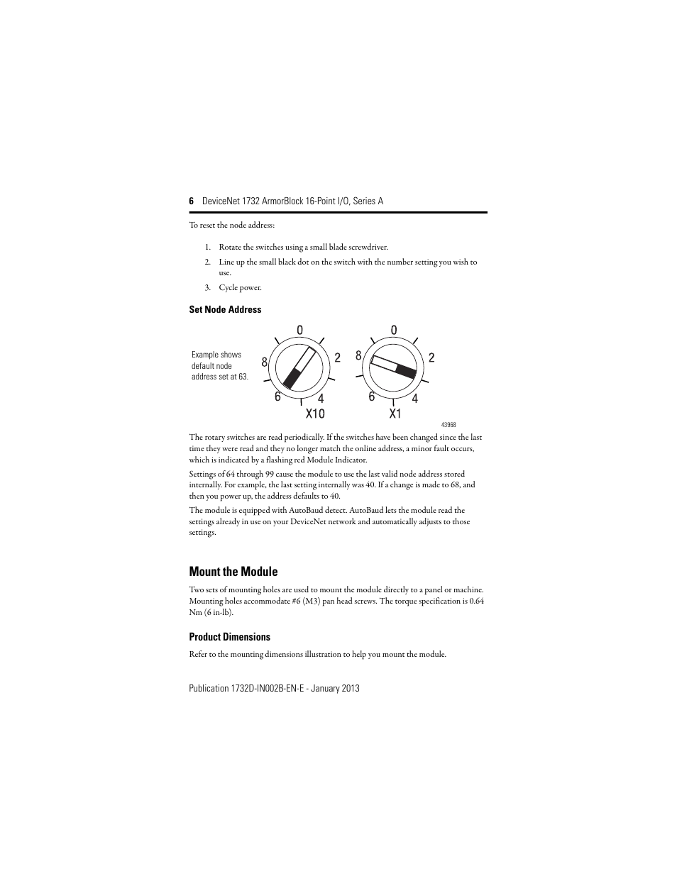 Mount the module, Product dimensions | Rockwell Automation 1732D-XXXX DeviceNet ArmorBlock 16-Point I/O, Series A User Manual | Page 6 / 24