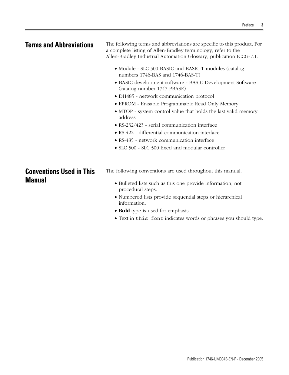 Terms and abbreviations, Conventions used in this manual | Rockwell Automation 1746-BAS-T SLC 500 Basic Basic-T Modules User Manual | Page 11 / 90