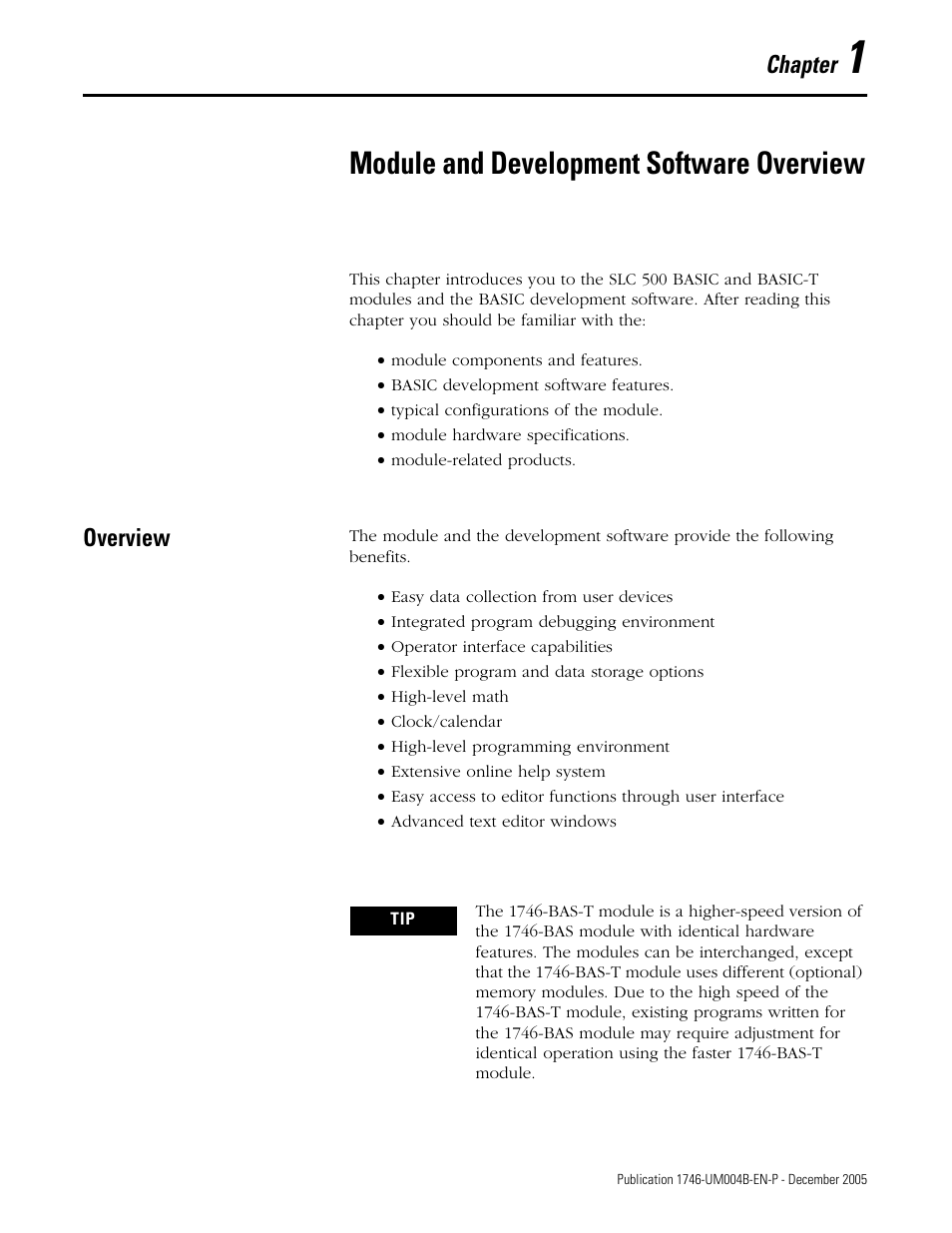 Module and development software overview, Overview, Chapter 1 | Overview -1 | Rockwell Automation 1746-BAS-T SLC 500 Basic Basic-T Modules User Manual | Page 13 / 90