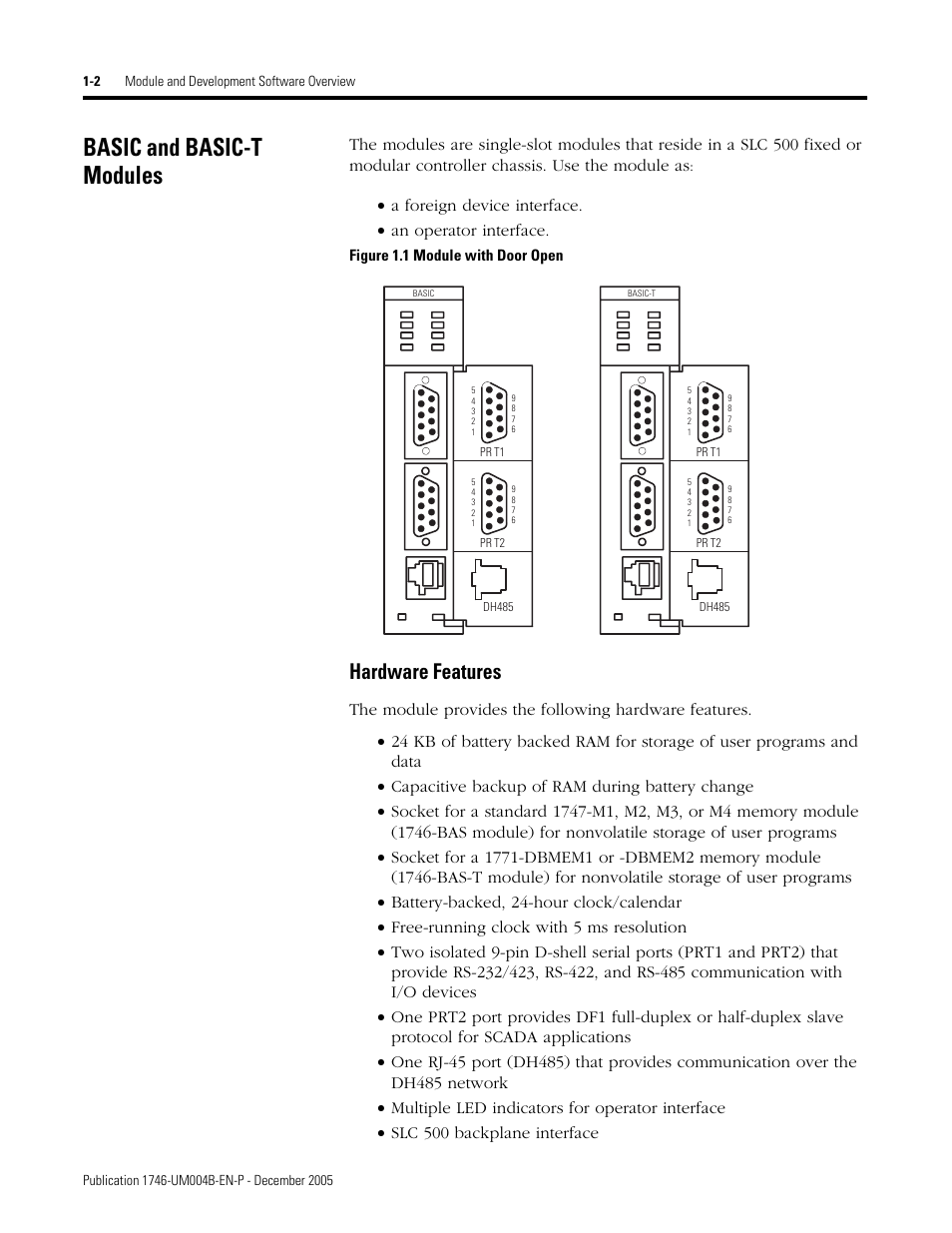 Basic and basic-t modules, Basic and basic-t modules -2, Hardware features -2 | Hardware features | Rockwell Automation 1746-BAS-T SLC 500 Basic Basic-T Modules User Manual | Page 14 / 90