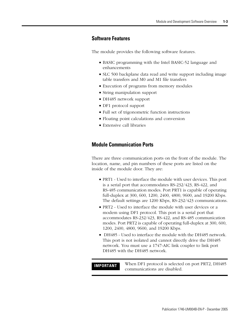 Software features -3 module communication ports -3, Software features, Module communication ports | Rockwell Automation 1746-BAS-T SLC 500 Basic Basic-T Modules User Manual | Page 15 / 90