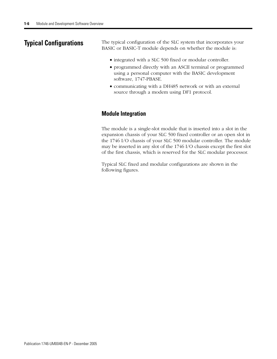 Typical configurations, Typical configurations -6, Module integration -6 | Module integration | Rockwell Automation 1746-BAS-T SLC 500 Basic Basic-T Modules User Manual | Page 18 / 90