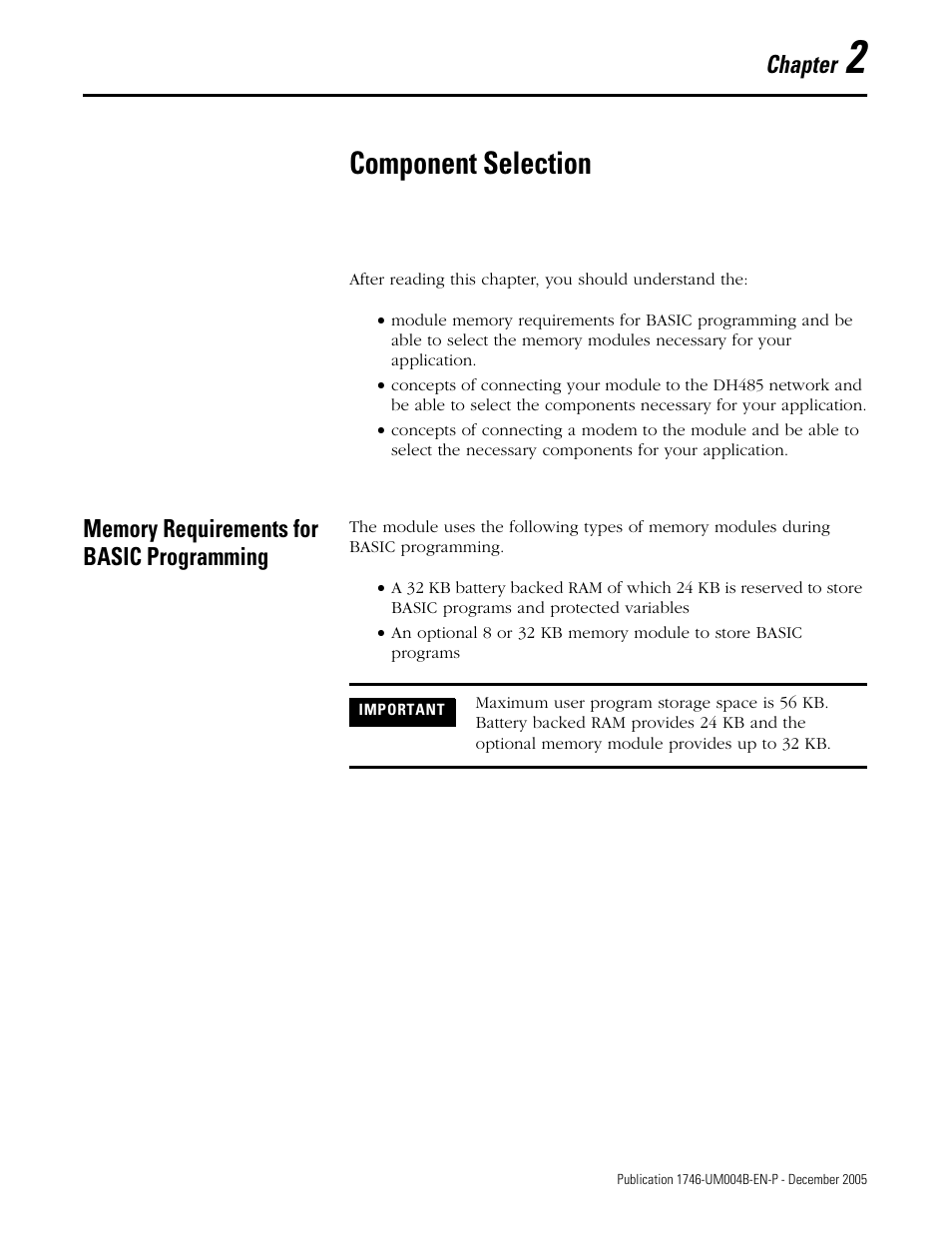 Component selection, Memory requirements for basic programming, Chapter 2 | Memory requirements for basic programming -1, Chapter | Rockwell Automation 1746-BAS-T SLC 500 Basic Basic-T Modules User Manual | Page 27 / 90