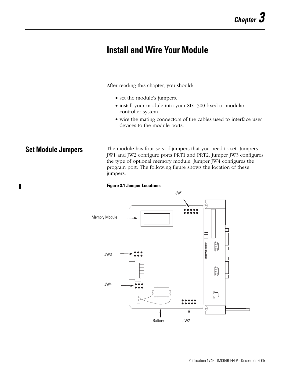 Install and wire your module, Set module jumpers, Chapter 3 | Set module jumpers -1, Chapter | Rockwell Automation 1746-BAS-T SLC 500 Basic Basic-T Modules User Manual | Page 35 / 90