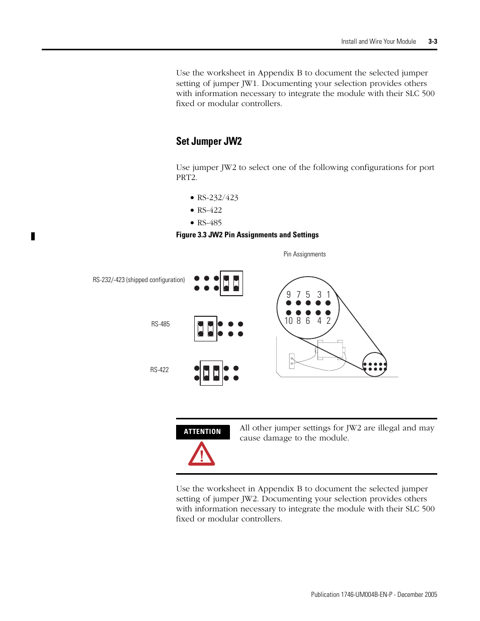 Set jumper jw2 -3, Set jumper jw2 | Rockwell Automation 1746-BAS-T SLC 500 Basic Basic-T Modules User Manual | Page 37 / 90