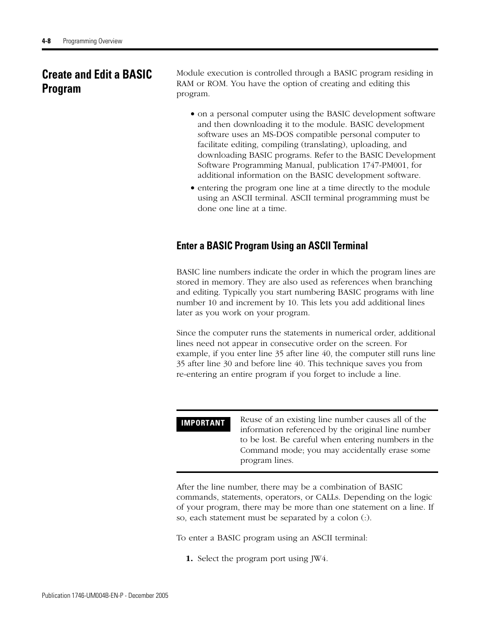 Create and edit a basic program, Create and edit a basic program -8, Enter a basic program using an ascii terminal -8 | Enter a basic program using an ascii terminal | Rockwell Automation 1746-BAS-T SLC 500 Basic Basic-T Modules User Manual | Page 56 / 90