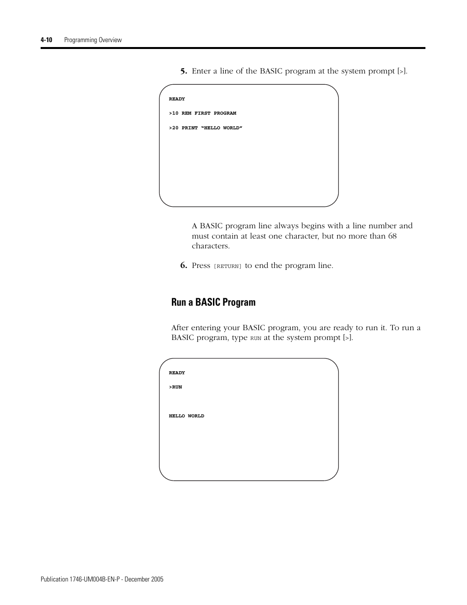 Run a basic program -10, Run a basic program | Rockwell Automation 1746-BAS-T SLC 500 Basic Basic-T Modules User Manual | Page 58 / 90