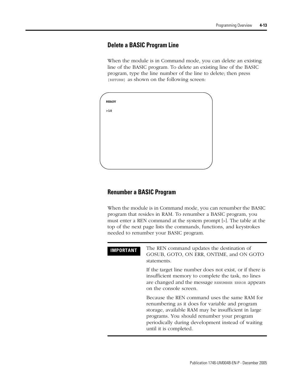 Delete a basic program line, Renumber a basic program | Rockwell Automation 1746-BAS-T SLC 500 Basic Basic-T Modules User Manual | Page 61 / 90