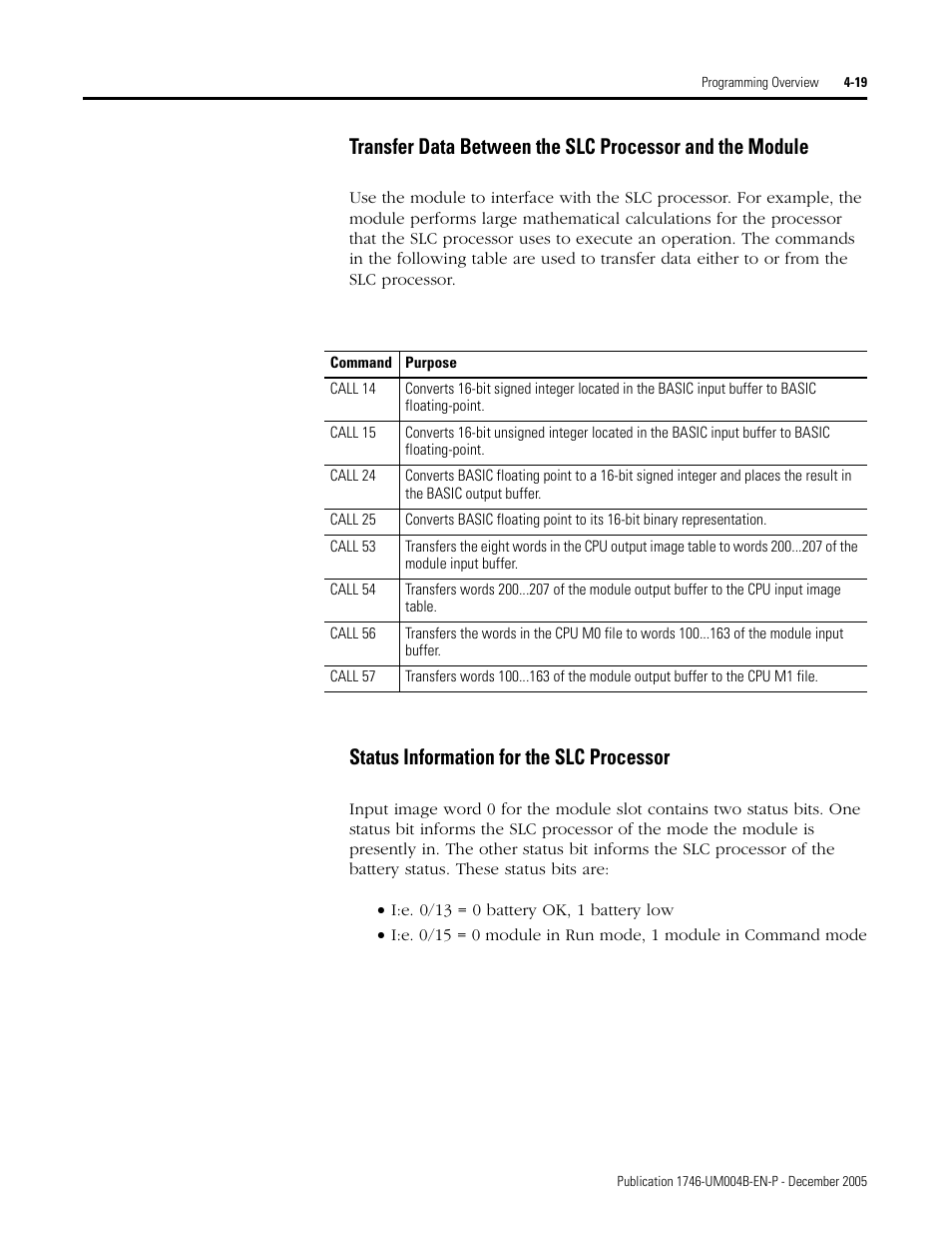 Transfer data between the slc processor and the, Status information for the slc processor -19, Status information for the slc processor | Rockwell Automation 1746-BAS-T SLC 500 Basic Basic-T Modules User Manual | Page 67 / 90