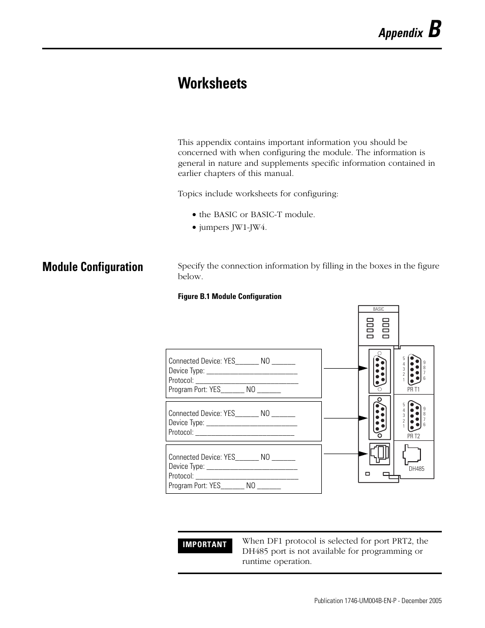 Worksheets, Module configuration, Appendix b | Appendix | Rockwell Automation 1746-BAS-T SLC 500 Basic Basic-T Modules User Manual | Page 75 / 90