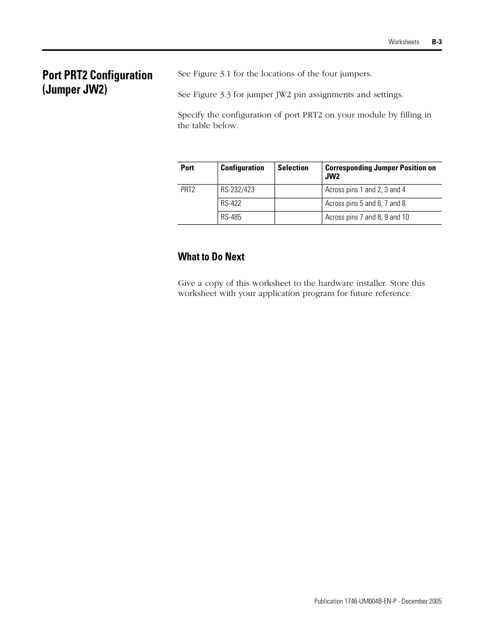Port prt2 configuration (jumper jw2), What to do next | Rockwell Automation 1746-BAS-T SLC 500 Basic Basic-T Modules User Manual | Page 77 / 90