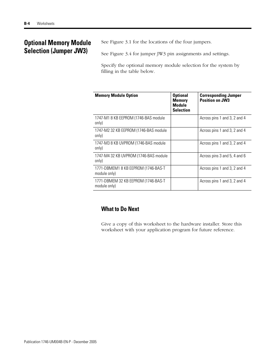Optional memory module selection (jumper jw3), What to do next | Rockwell Automation 1746-BAS-T SLC 500 Basic Basic-T Modules User Manual | Page 78 / 90