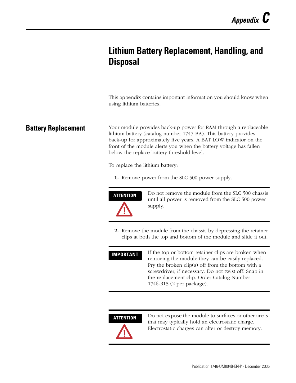 Battery replacement, Appendix c, Appendix | Rockwell Automation 1746-BAS-T SLC 500 Basic Basic-T Modules User Manual | Page 81 / 90