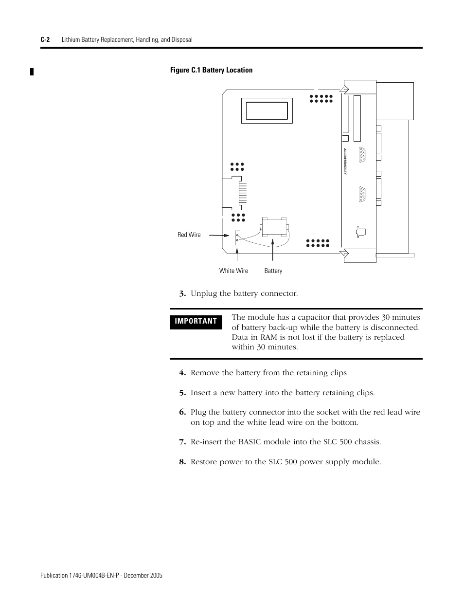 Figure c.1 battery location, Important | Rockwell Automation 1746-BAS-T SLC 500 Basic Basic-T Modules User Manual | Page 82 / 90