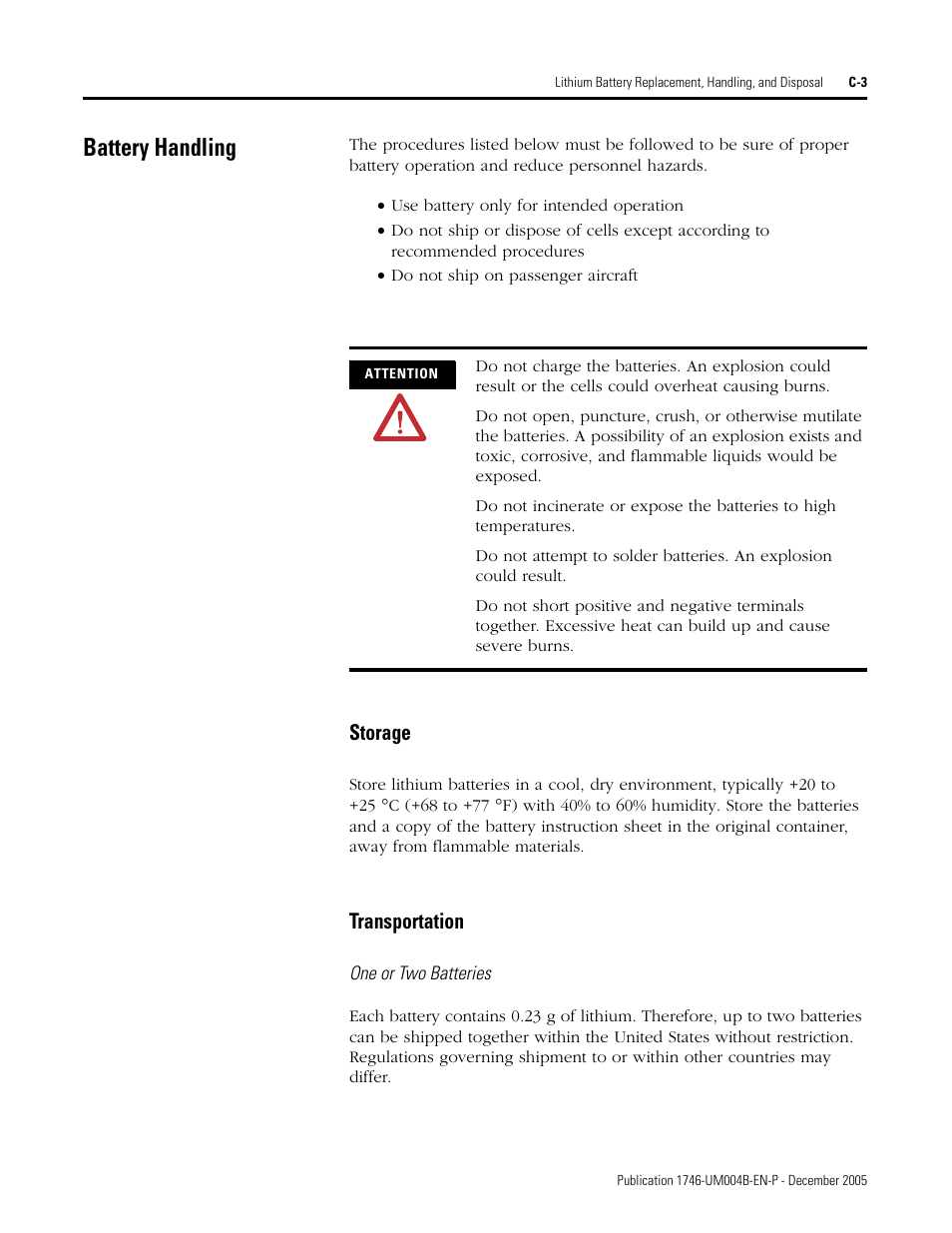 Battery handling, Storage, Transportation | Rockwell Automation 1746-BAS-T SLC 500 Basic Basic-T Modules User Manual | Page 83 / 90