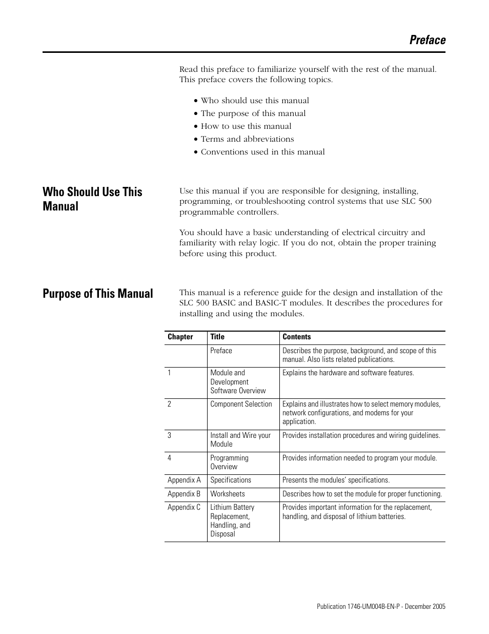 Preface, Who should use this manual, Purpose of this manual | Rockwell Automation 1746-BAS-T SLC 500 Basic Basic-T Modules User Manual | Page 9 / 90