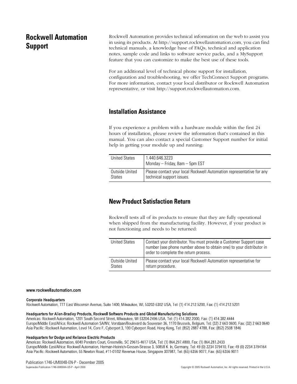 Rockwell automation support, Installation assistance, New product satisfaction return | Rockwell Automation 1746-BAS-T SLC 500 Basic Basic-T Modules User Manual | Page 90 / 90