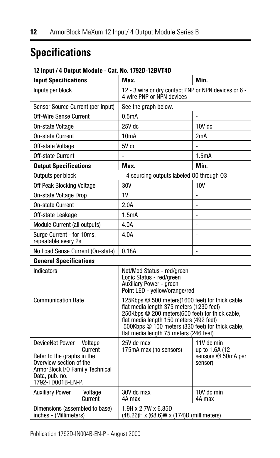 Specifications | Rockwell Automation 1792D-12BVT4D ArmorBlock MaXum 12 Input/4 Output Module Series B User Manual | Page 12 / 16