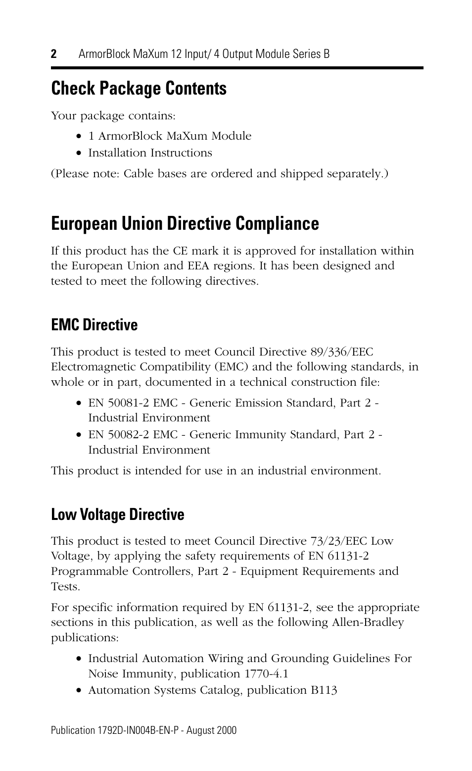 Check package contents, European union directive compliance, Emc directive | Low voltage directive | Rockwell Automation 1792D-12BVT4D ArmorBlock MaXum 12 Input/4 Output Module Series B User Manual | Page 2 / 16