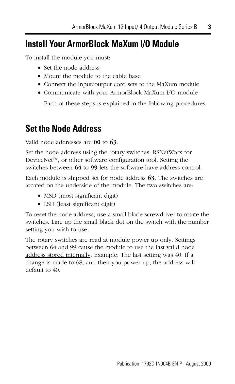 Install your armorblock maxum i/o module, Set the node address | Rockwell Automation 1792D-12BVT4D ArmorBlock MaXum 12 Input/4 Output Module Series B User Manual | Page 3 / 16