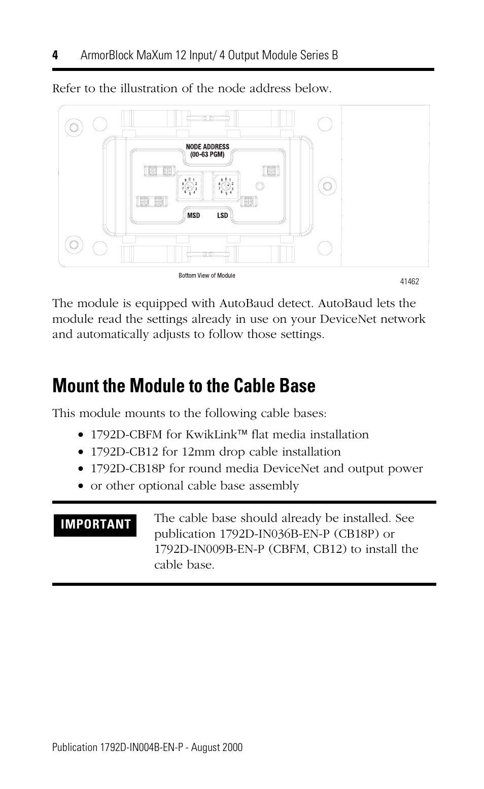 Mount the module to the cable base | Rockwell Automation 1792D-12BVT4D ArmorBlock MaXum 12 Input/4 Output Module Series B User Manual | Page 4 / 16