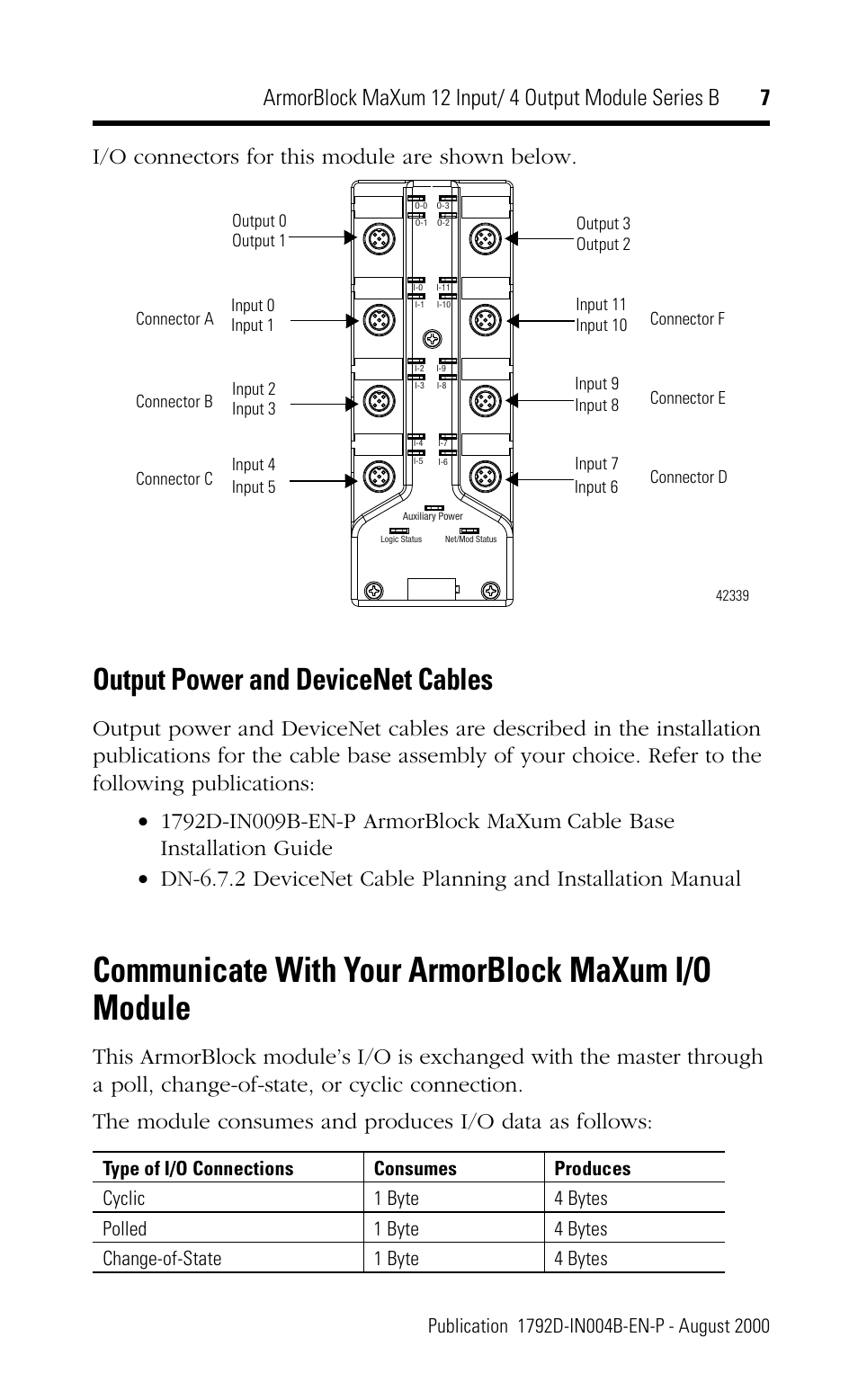 Communicate with your armorblock maxum i/o module, Output power and devicenet cables, I/o connectors for this module are shown below | Rockwell Automation 1792D-12BVT4D ArmorBlock MaXum 12 Input/4 Output Module Series B User Manual | Page 7 / 16