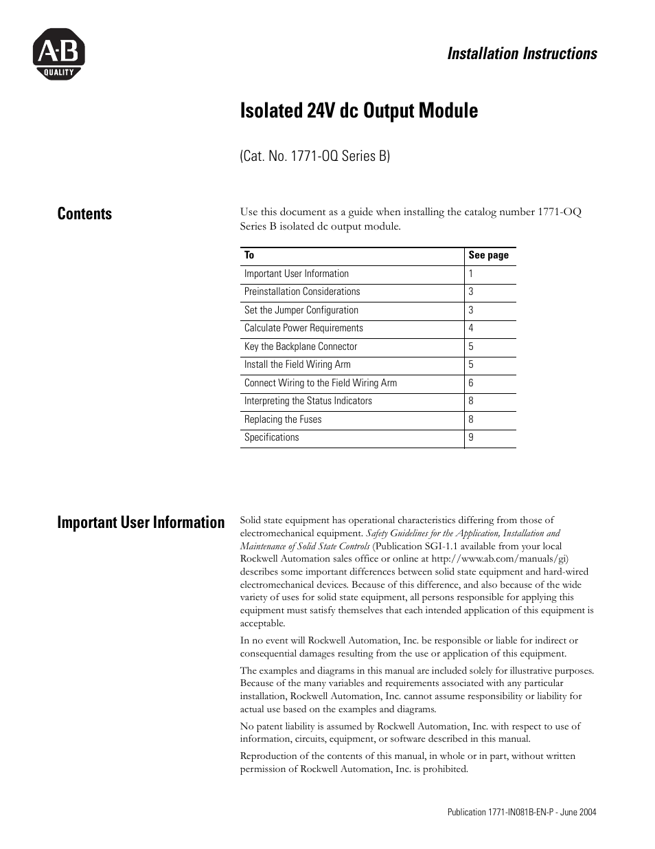 Rockwell Automation 1771-OQ/B Isolated 24V dc Output Module Installation Instructions User Manual | 12 pages