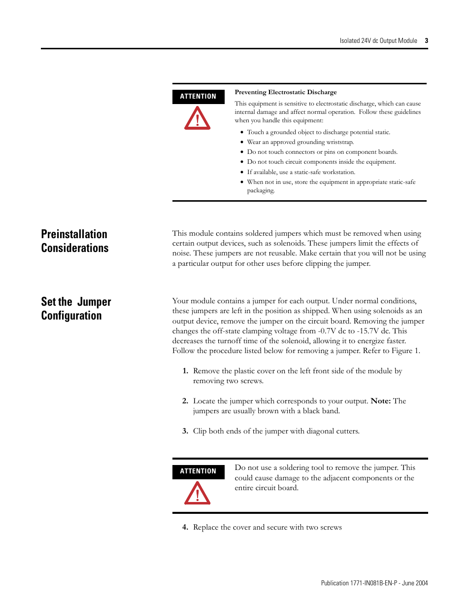 Preinstallation considerations, Set the jumper configuration | Rockwell Automation 1771-OQ/B Isolated 24V dc Output Module Installation Instructions User Manual | Page 3 / 12