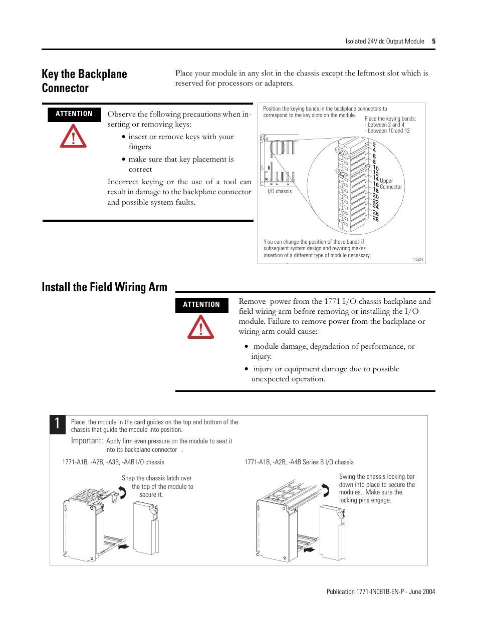 Key the backplane connector, Install the field wiring arm | Rockwell Automation 1771-OQ/B Isolated 24V dc Output Module Installation Instructions User Manual | Page 5 / 12