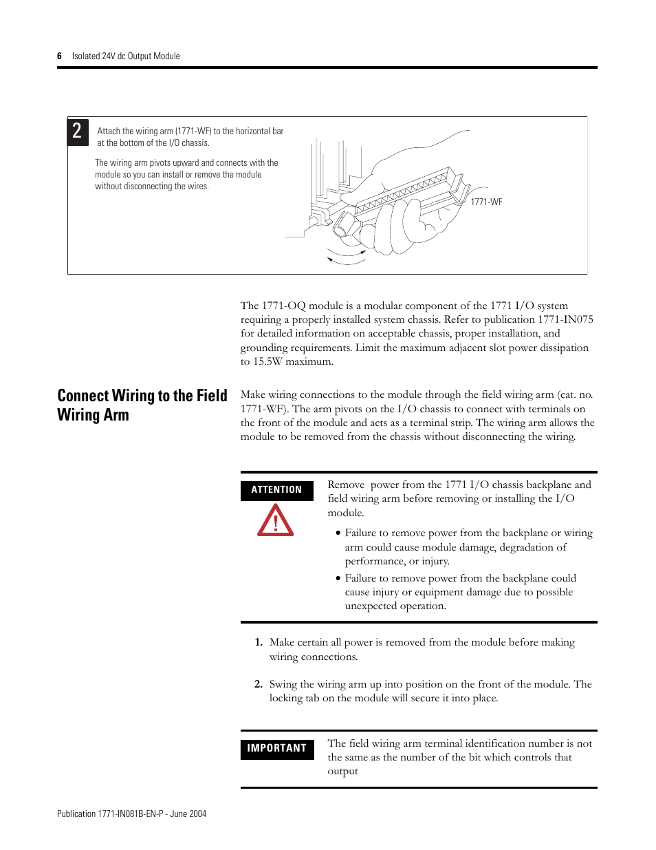 Connect wiring to the field wiring arm | Rockwell Automation 1771-OQ/B Isolated 24V dc Output Module Installation Instructions User Manual | Page 6 / 12