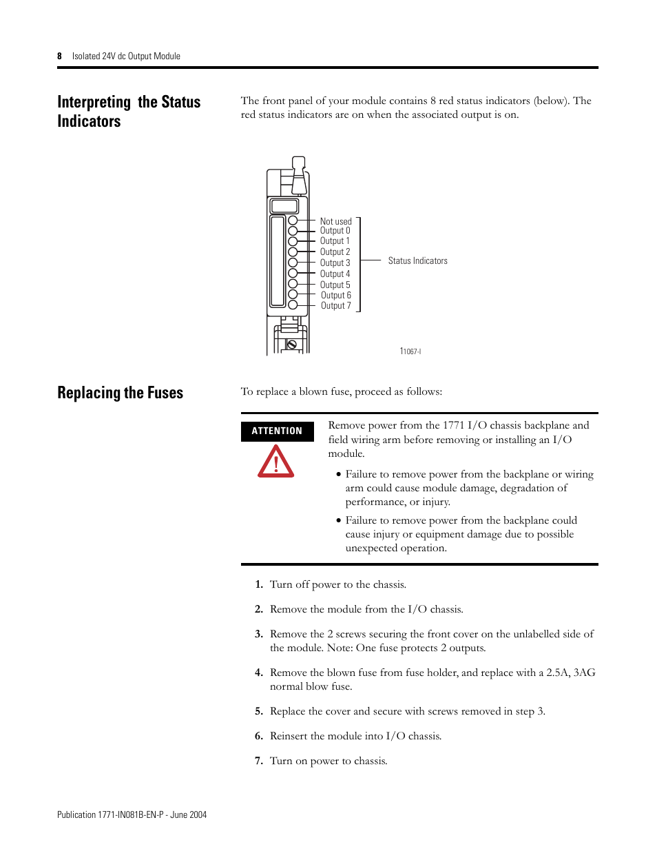 Interpreting the status indicators, Replacing the fuses | Rockwell Automation 1771-OQ/B Isolated 24V dc Output Module Installation Instructions User Manual | Page 8 / 12
