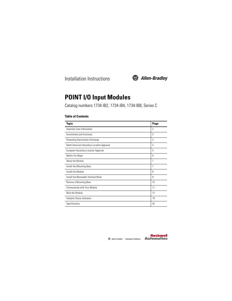 Rockwell Automation 1734-IB2_IB4_IB8, Series C POINT I/O Sink Input Module User Manual | 24 pages