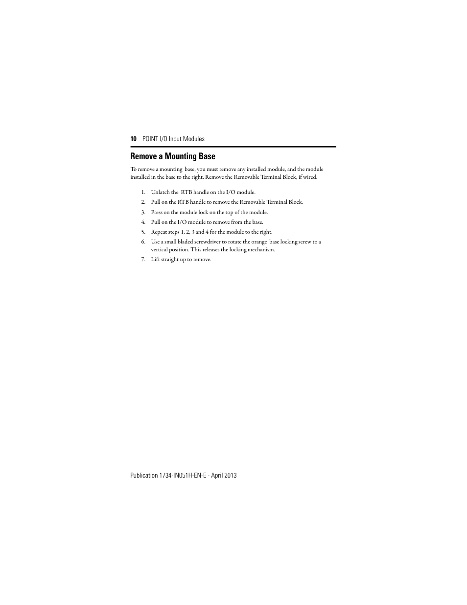 Remove a mounting base | Rockwell Automation 1734-IB2_IB4_IB8, Series C POINT I/O Sink Input Module User Manual | Page 10 / 24
