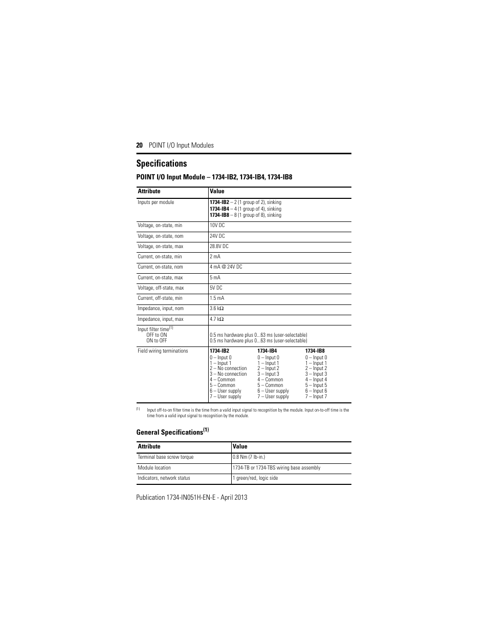 Specifications, General specifications | Rockwell Automation 1734-IB2_IB4_IB8, Series C POINT I/O Sink Input Module User Manual | Page 20 / 24