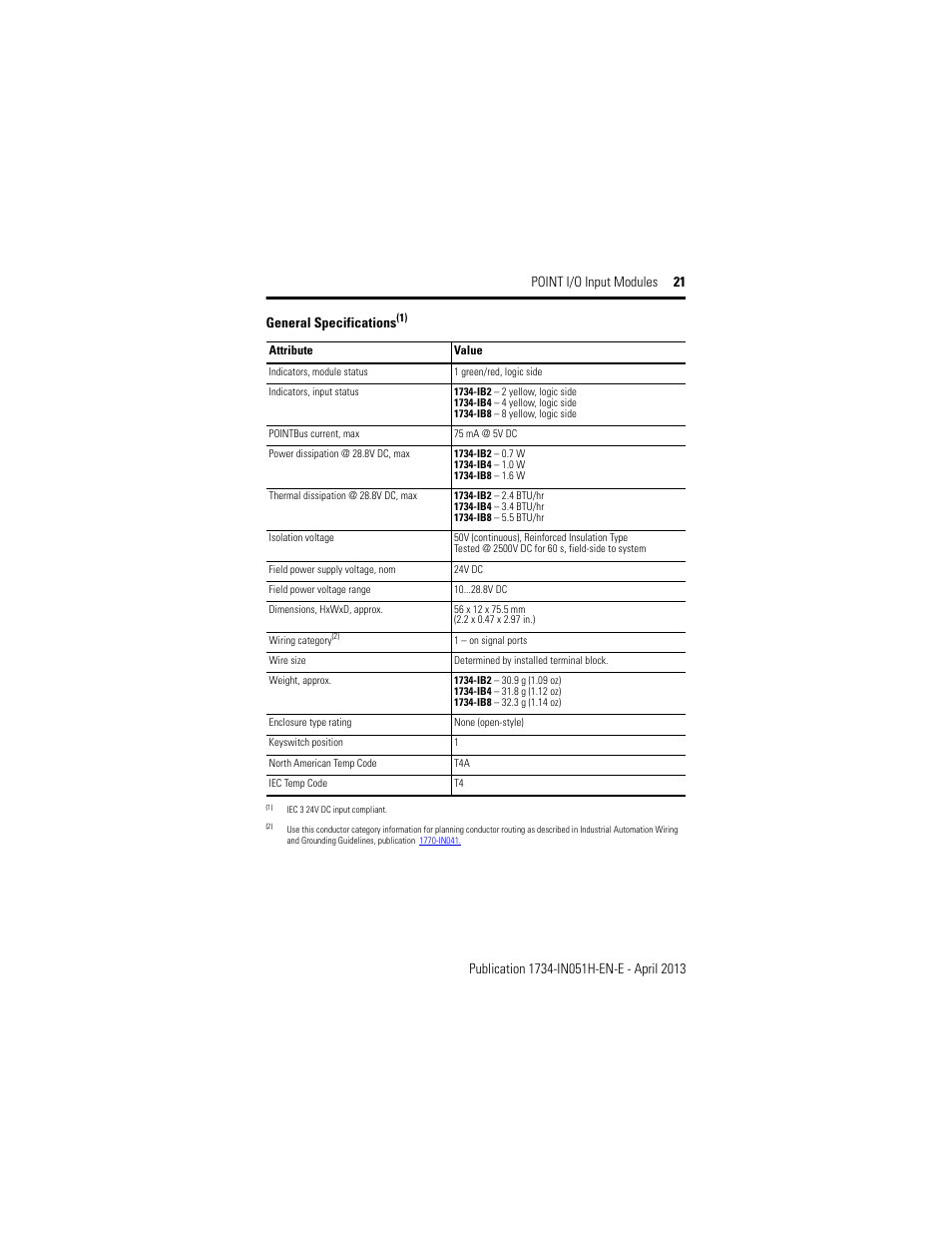 General specifications | Rockwell Automation 1734-IB2_IB4_IB8, Series C POINT I/O Sink Input Module User Manual | Page 21 / 24