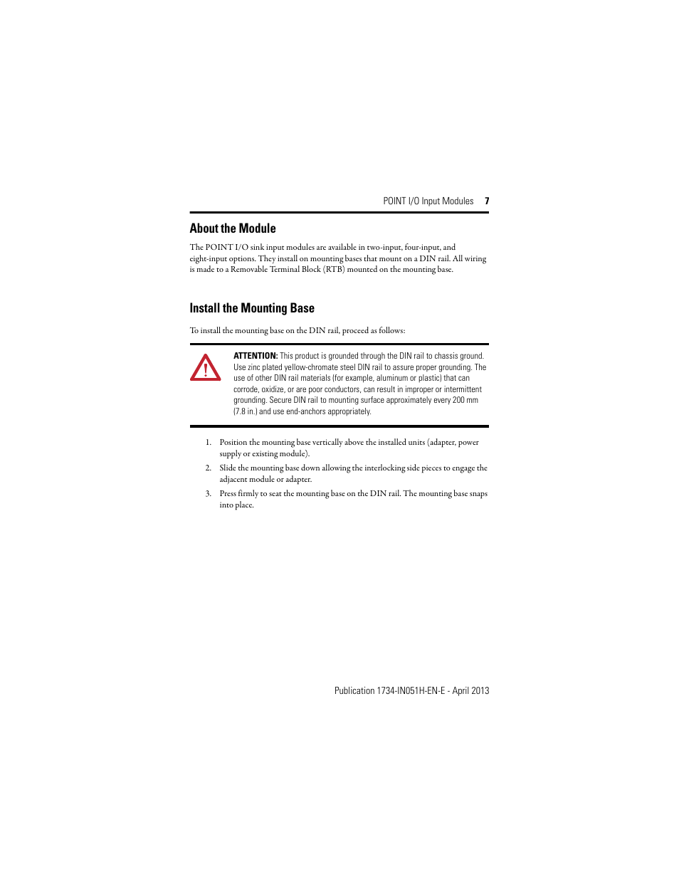 About the module, Install the mounting base | Rockwell Automation 1734-IB2_IB4_IB8, Series C POINT I/O Sink Input Module User Manual | Page 7 / 24