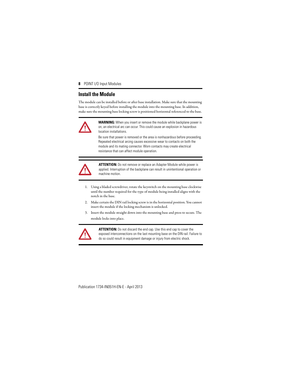 Install the module | Rockwell Automation 1734-IB2_IB4_IB8, Series C POINT I/O Sink Input Module User Manual | Page 8 / 24