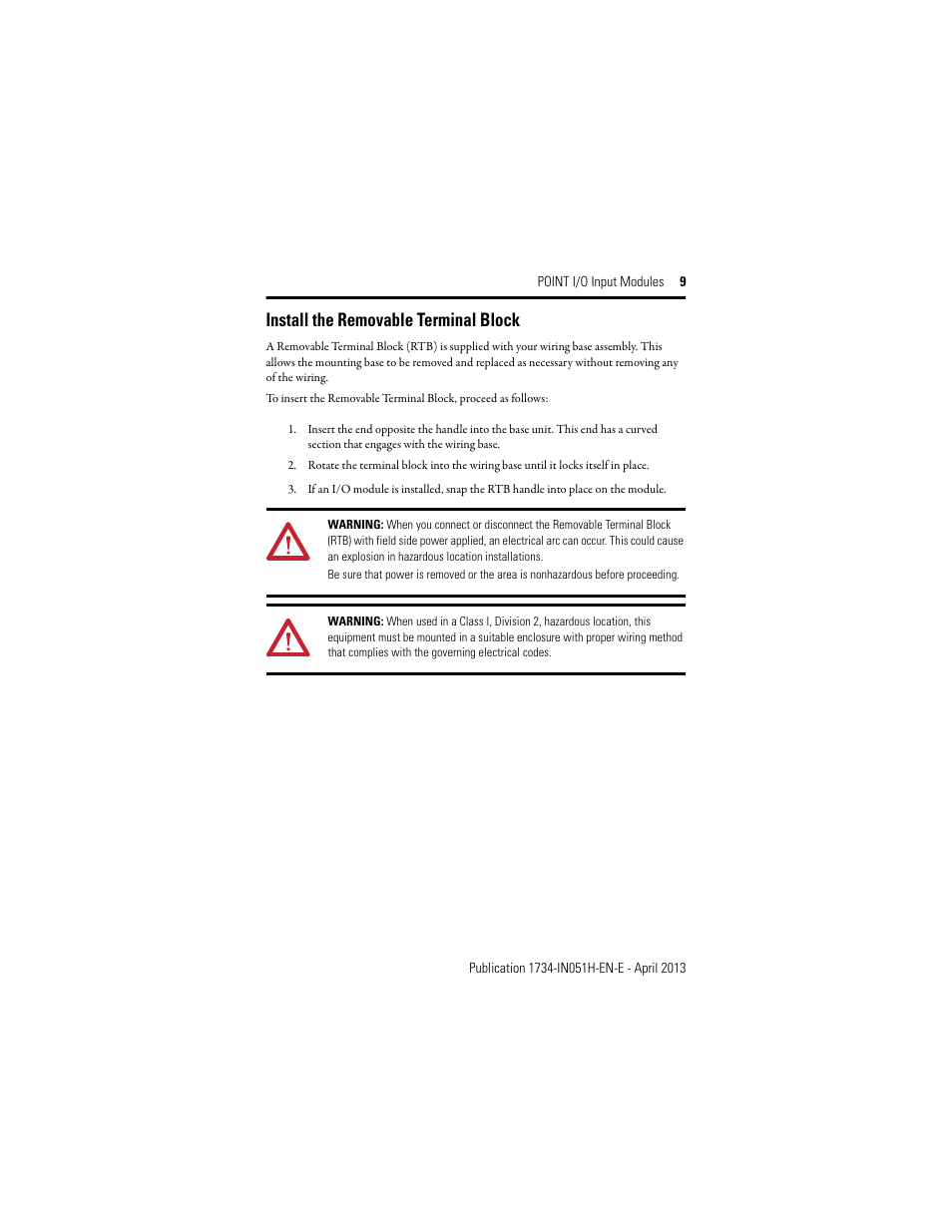 Install the removable terminal block | Rockwell Automation 1734-IB2_IB4_IB8, Series C POINT I/O Sink Input Module User Manual | Page 9 / 24