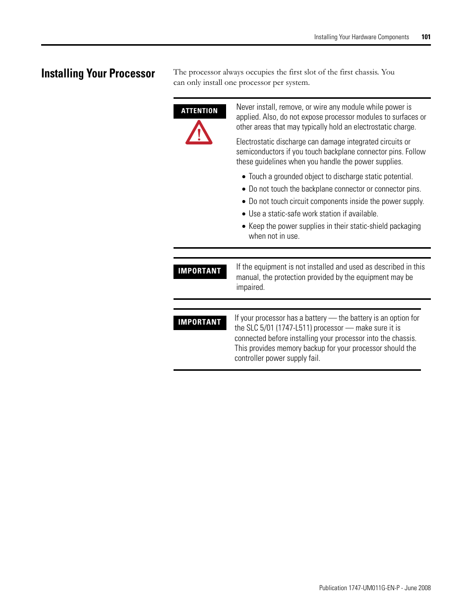 Installing your processor | Rockwell Automation 1747-L5xx SLC 500 Modular Hardware Style User Manual User Manual | Page 101 / 296