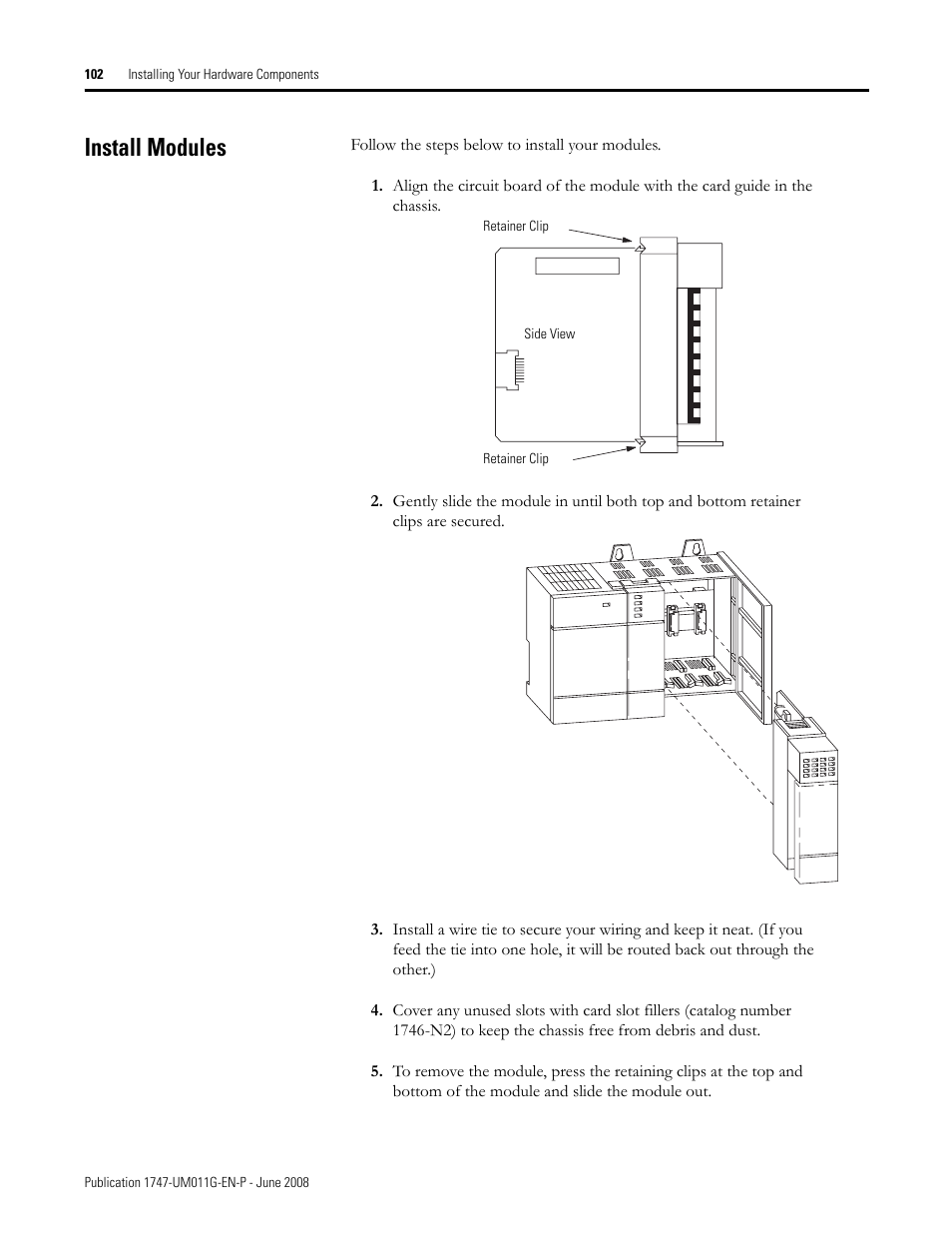 Install modules | Rockwell Automation 1747-L5xx SLC 500 Modular Hardware Style User Manual User Manual | Page 102 / 296