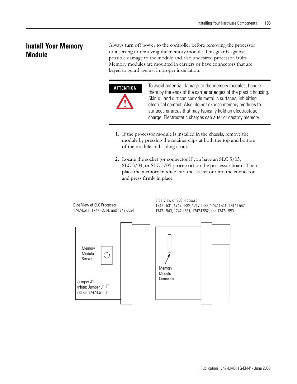 Install your memory module | Rockwell Automation 1747-L5xx SLC 500 Modular Hardware Style User Manual User Manual | Page 103 / 296